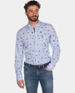 NZA New Zealand Auckland Bedrukt linnen katoenen overhemd lichtblauw -