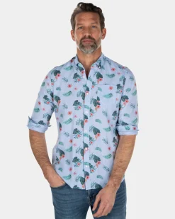 NZA New Zealand Auckland Blauw linnen katoenen overhemd met bladerprint
