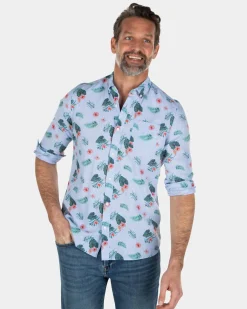 NZA New Zealand Auckland Blauw linnen katoenen overhemd met bladerprint