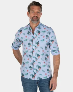 NZA New Zealand Auckland Blauw linnen katoenen overhemd met bladerprint