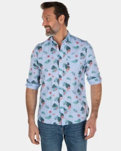 NZA New Zealand Auckland Blauw linnen katoenen overhemd met bladerprint