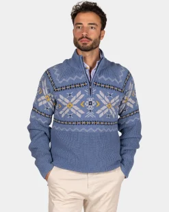 NZA New Zealand Auckland Blauwe pullover met halve rits en gekleurd motief -