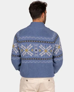 NZA New Zealand Auckland Blauwe pullover met halve rits en gekleurd motief -