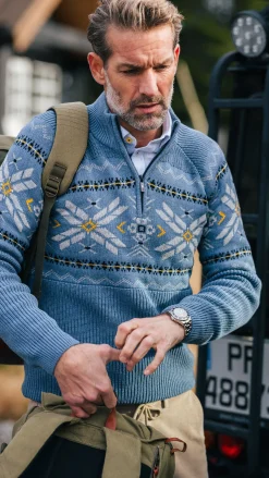 NZA New Zealand Auckland Blauwe pullover met halve rits en gekleurd motief -