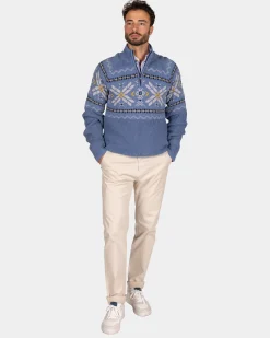 NZA New Zealand Auckland Blauwe pullover met halve rits en gekleurd motief -