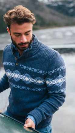 NZA New Zealand Auckland Blauwe pullover met knopen en lichtblauw motief -