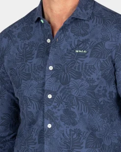 NZA New Zealand Auckland Donkerblauw overhemd met bloemen -
