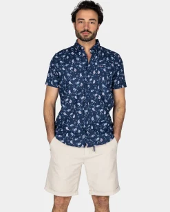 NZA New Zealand Auckland Donkerblauw overhemd met print en korte mouw