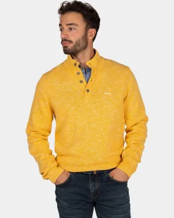 NZA New Zealand Auckland Gemêleerde okergele trui met knopen kraag -