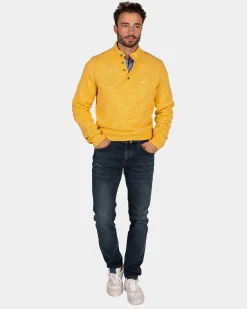 NZA New Zealand Auckland Gemêleerde okergele trui met knopen kraag -