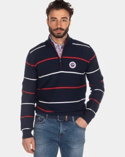 NZA New Zealand Auckland Gestreepte trui met halve ritssluiting blauw rood wit -
