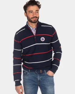 NZA New Zealand Auckland Gestreepte trui met halve ritssluiting blauw rood wit -