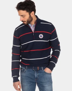 NZA New Zealand Auckland Gestreepte trui met halve ritssluiting blauw rood wit -