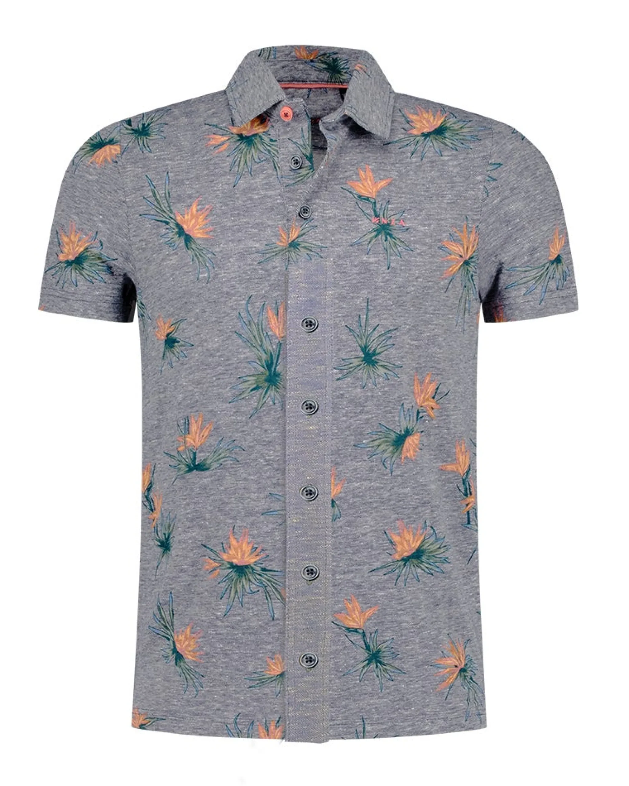 NZA New Zealand Auckland Grijs overhemd met korte mouw en roze bloemenprint