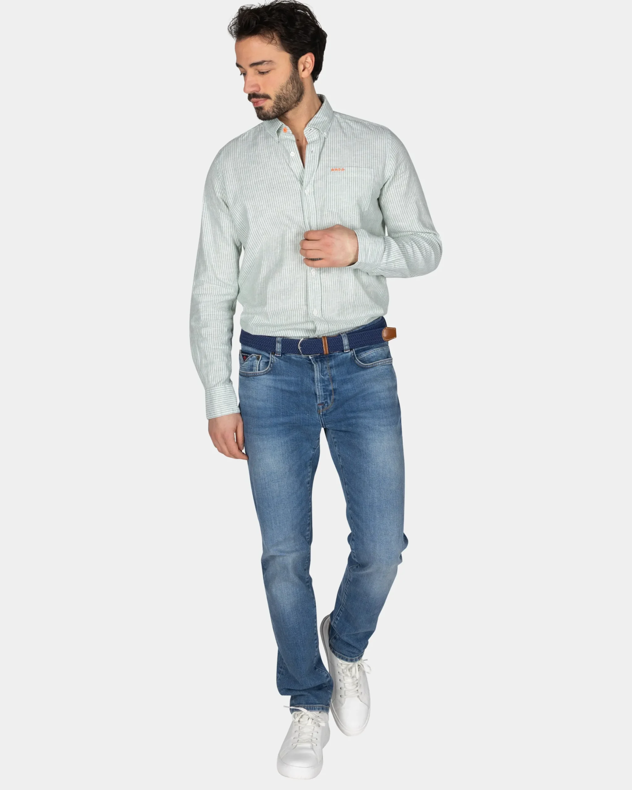 NZA New Zealand Auckland Lichtgroen gestreept linnen overhemd