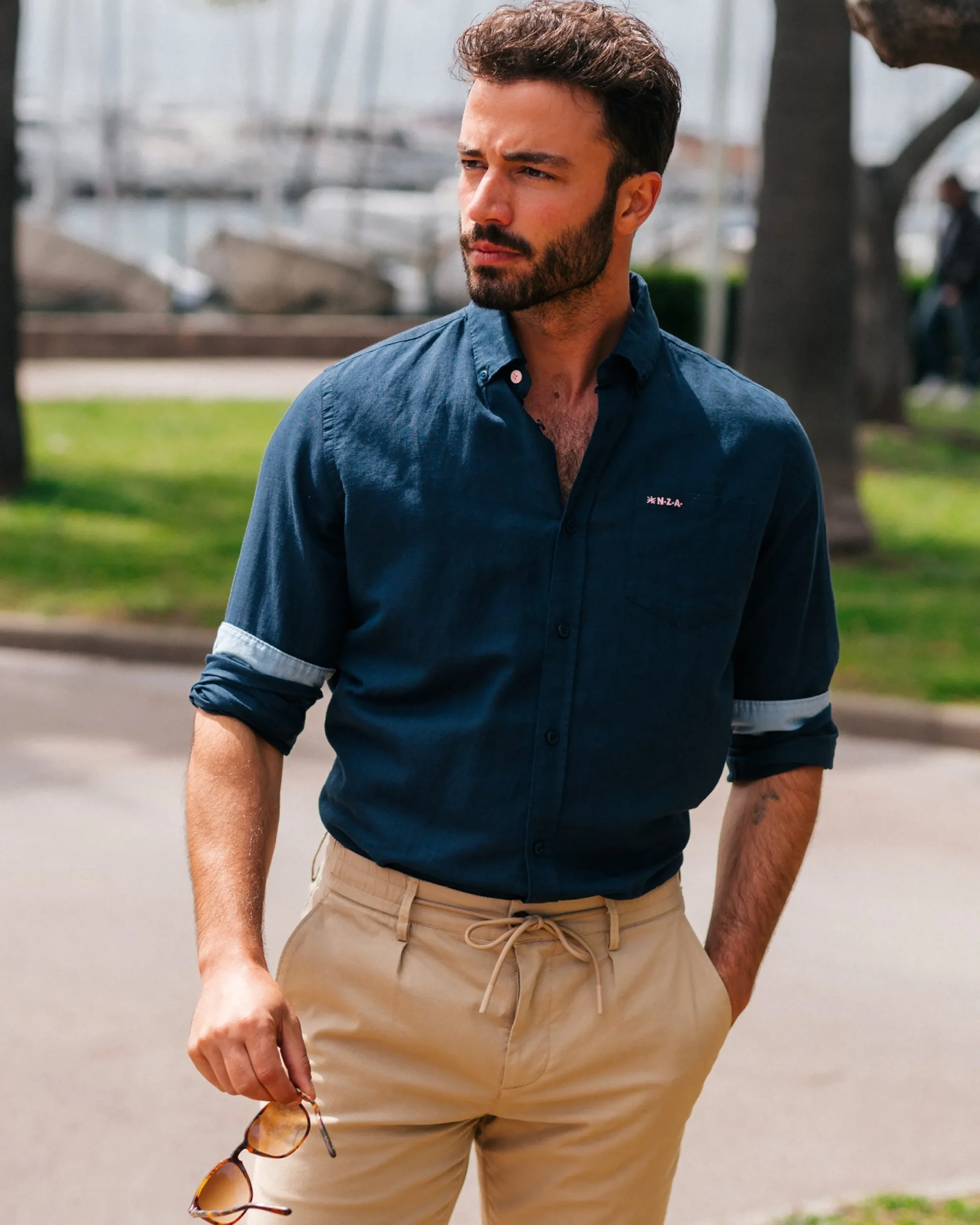 NZA New Zealand Auckland Linnen navy overhemd met lange mouw