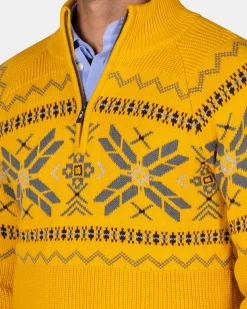 NZA New Zealand Auckland Okergele pullover met halve rits en gekleurd motief -