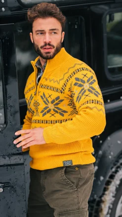 NZA New Zealand Auckland Okergele pullover met halve rits en gekleurd motief -