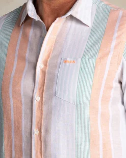 NZA New Zealand Auckland Oranje met groen gestreept linnen overhemd