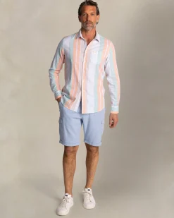 NZA New Zealand Auckland Oranje met groen gestreept linnen overhemd