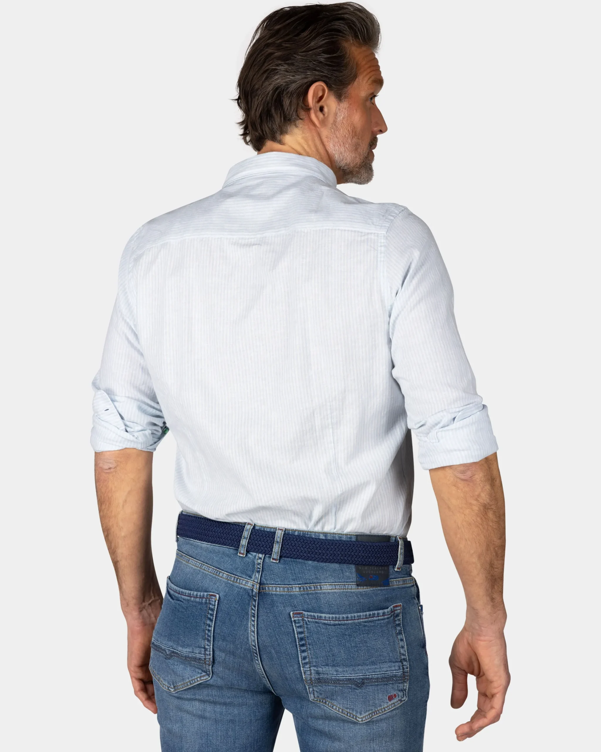 NZA New Zealand Auckland Pastelblauw gestreept linnen overhemd