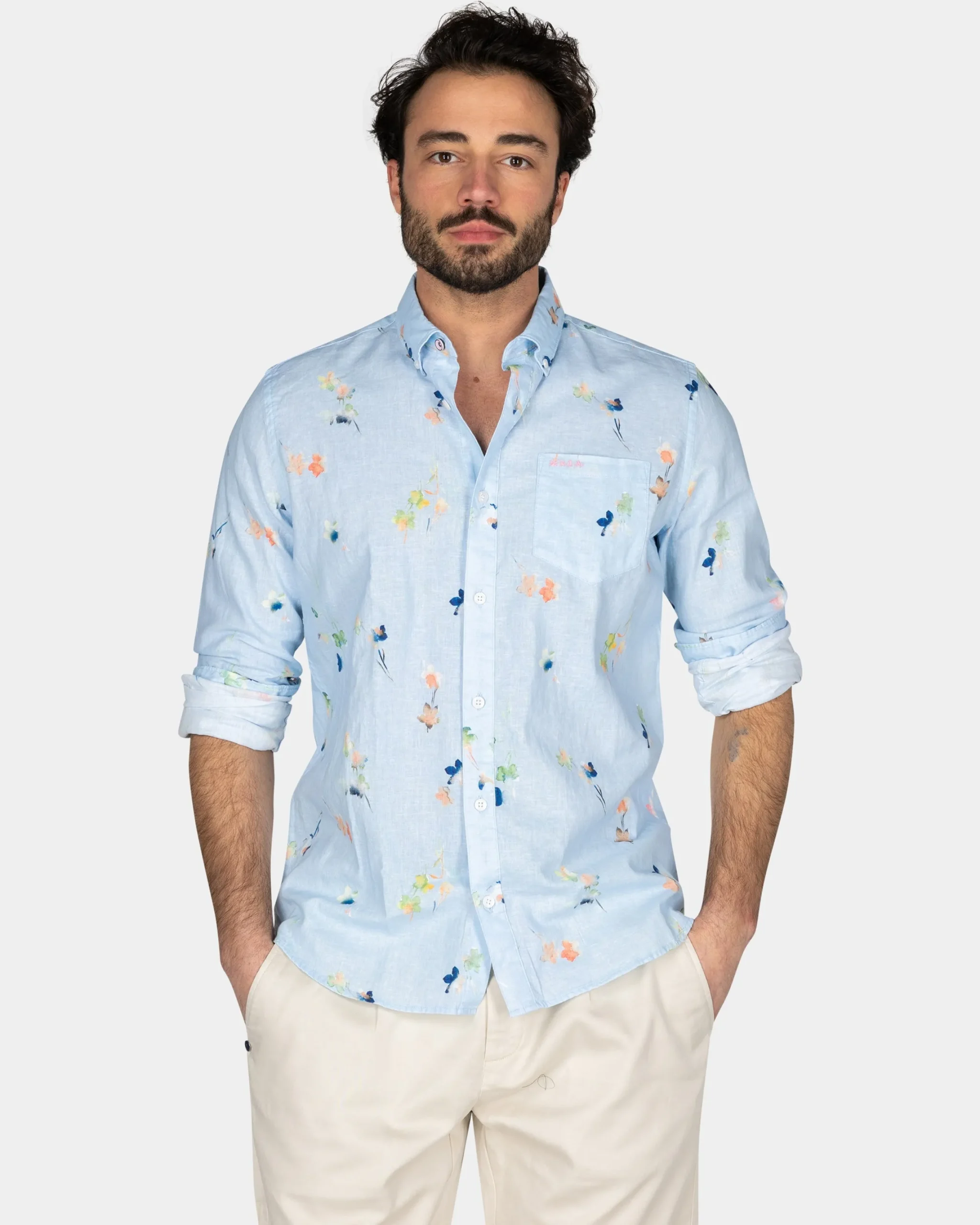 NZA New Zealand Auckland Pastelblauw overhemd met gekleurde bloemen