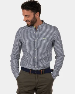 NZA New Zealand Auckland Rotonuiaha gestreept linnen overhemd zonder kraag -