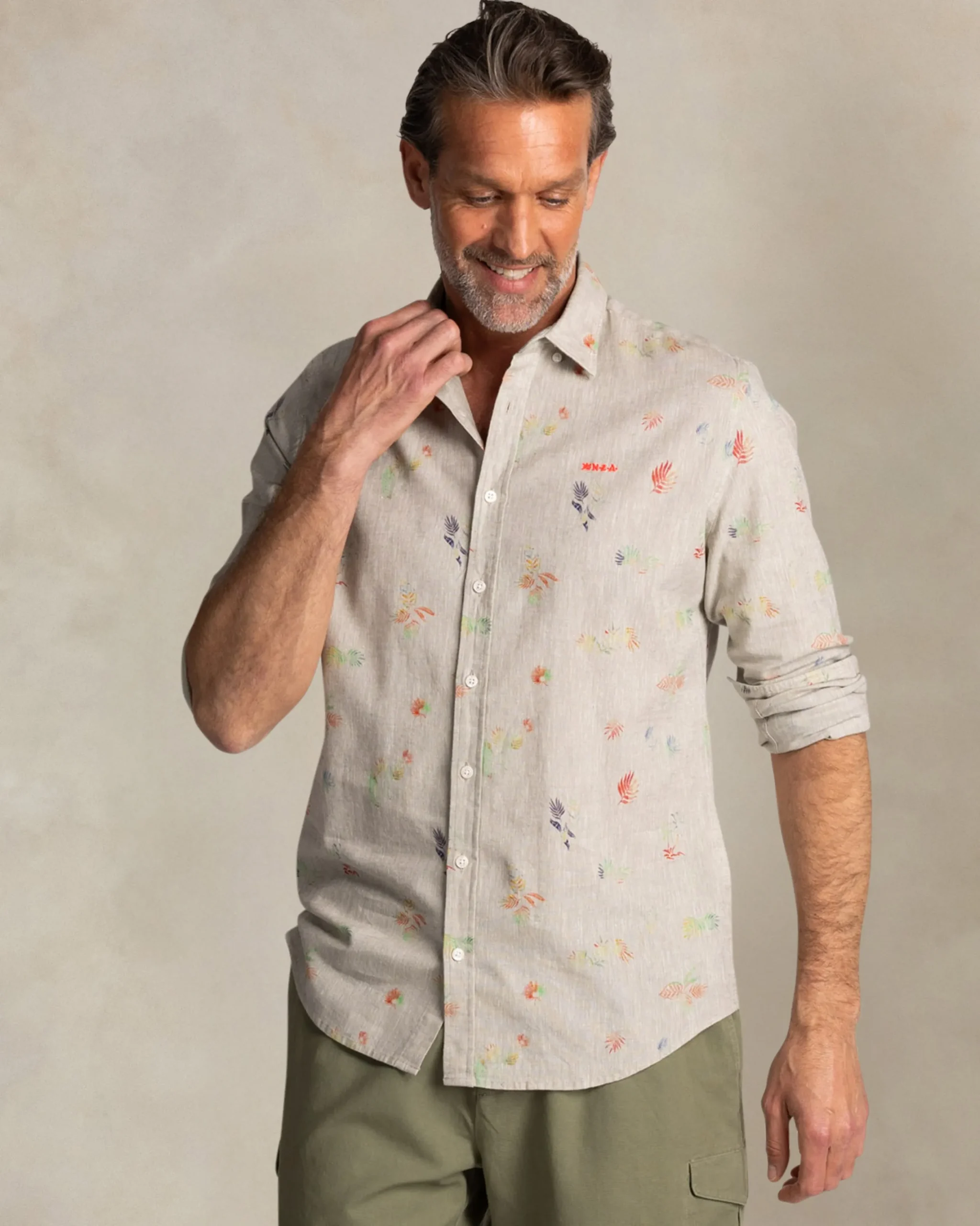 NZA New Zealand Auckland Taupe overhemd met gekleurde bloemenprint