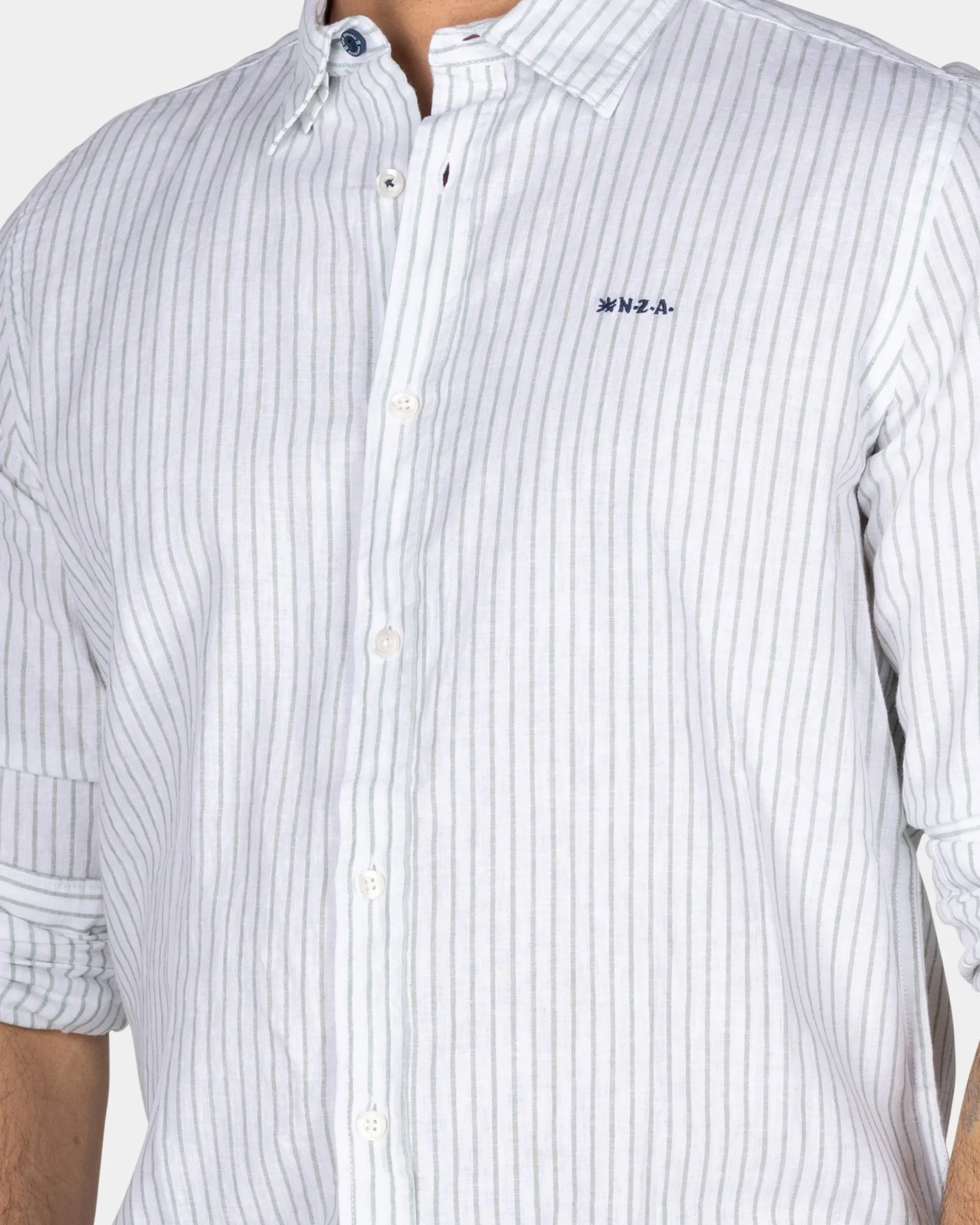 NZA New Zealand Auckland Wit linnen overhemd met lichtgroene streep